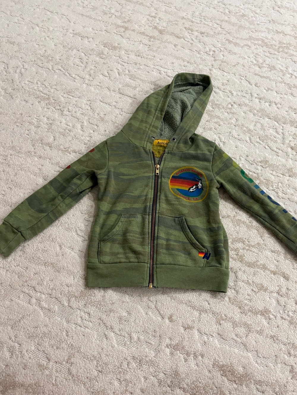 Aviator Nation Olive Green Kids Zip Hoodie with Rainbow Patch